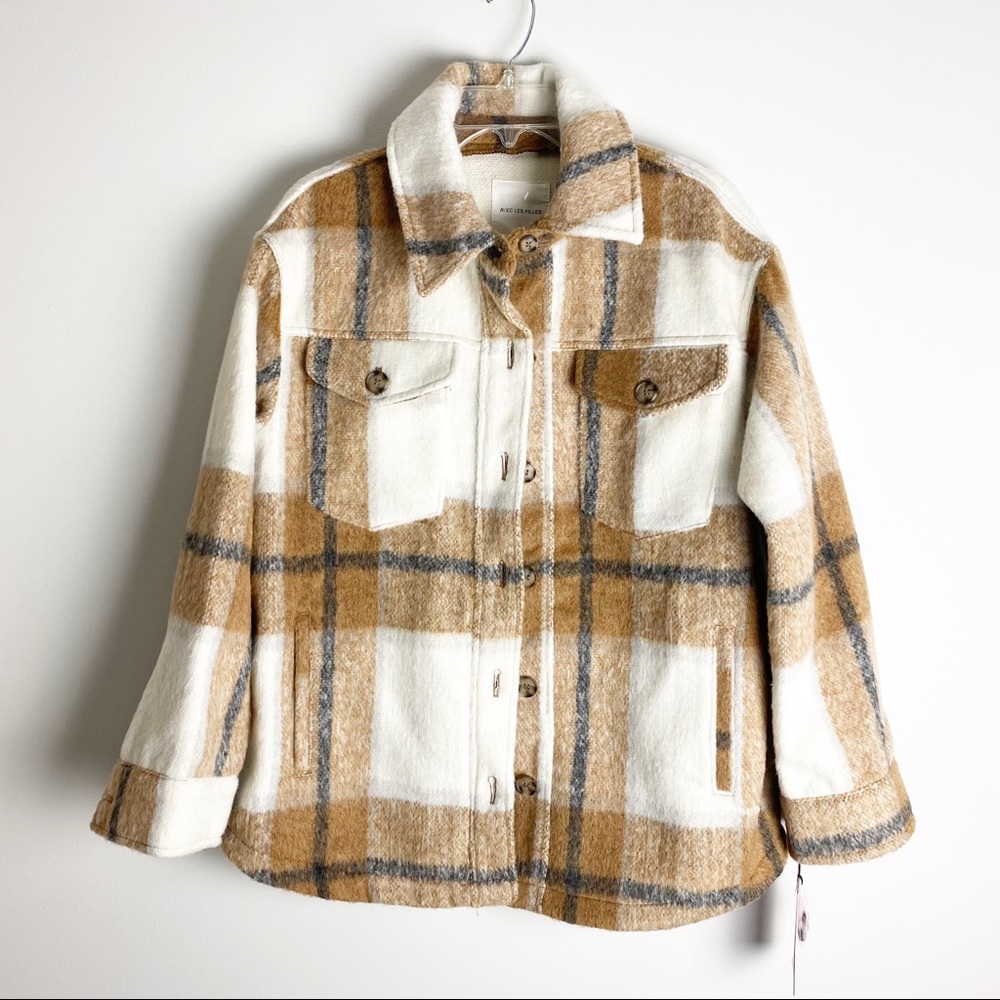 New Avec Les Filles Plaid Shirt Jacket Shacket Brown L